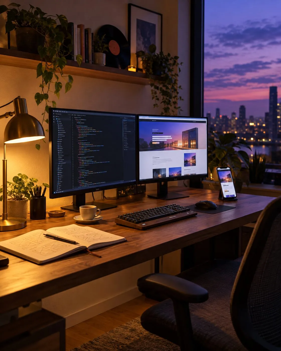 Web developer workstation at dusk with two monitors showing code and a website, city lights outside